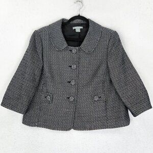 Ann Taylor Jacket Womens 12 Black White Peplum Wool Blend 3/4 Sleeve Blazer